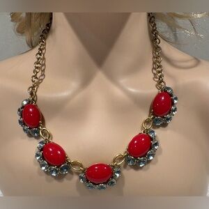 Stella & Dot Red Statement Bib Necklace with Crystal Accents